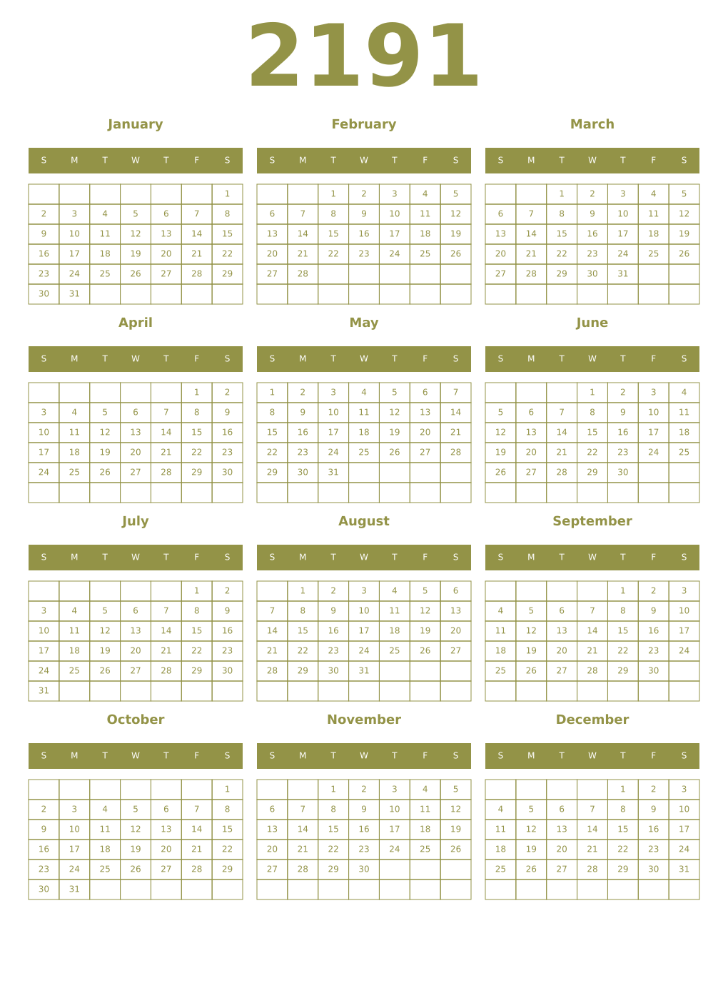 Printable 2191 Year Calendars eburnean