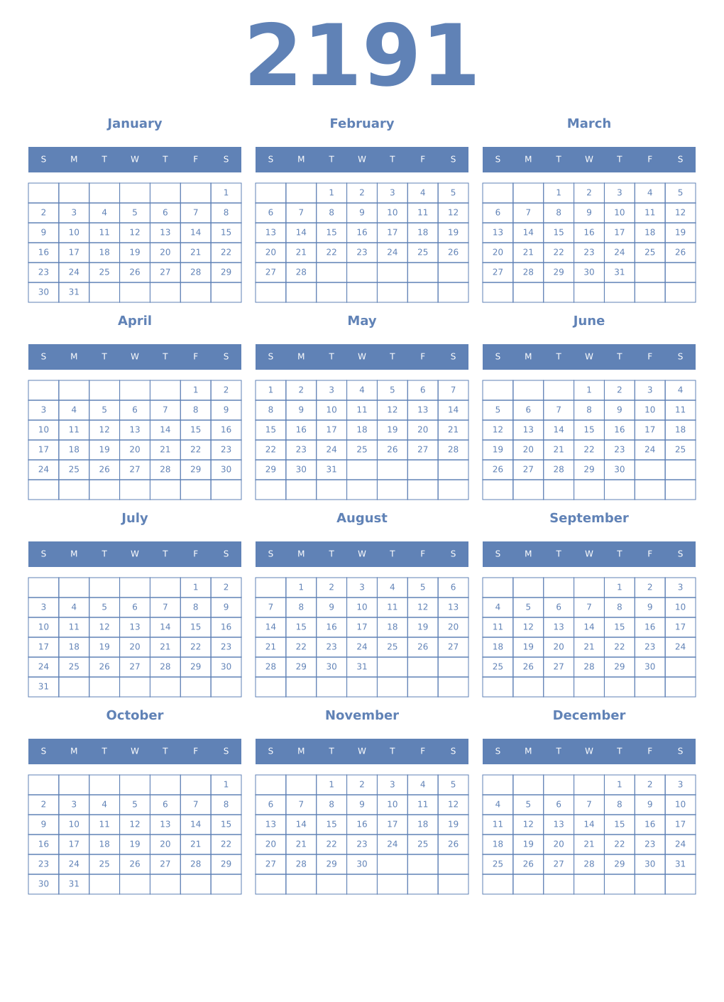 Printable 2191 Year Calendars glaucous