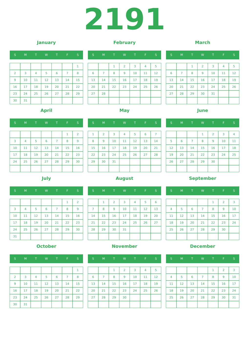 Printable 2191 Year Calendars green