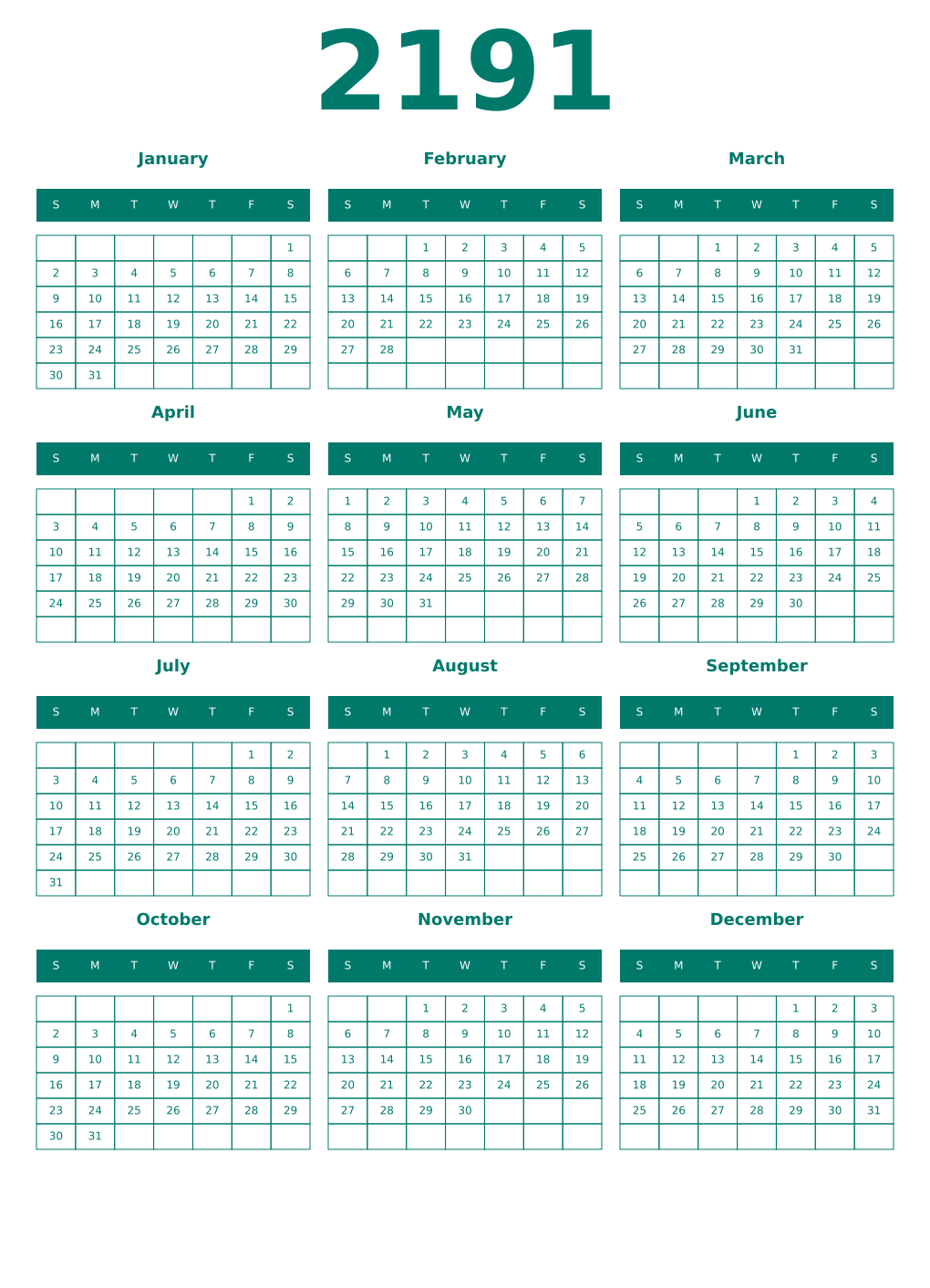 Printable 2191 Year Calendars pastel