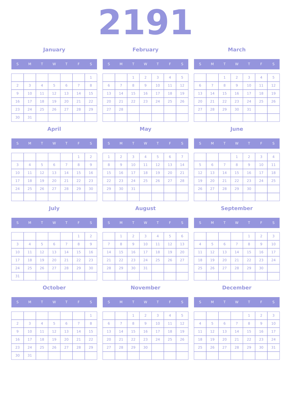 Printable 2191 Year Calendars periwinkle