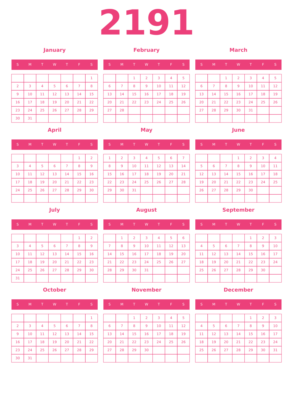 Printable 2191 Year Calendars pink