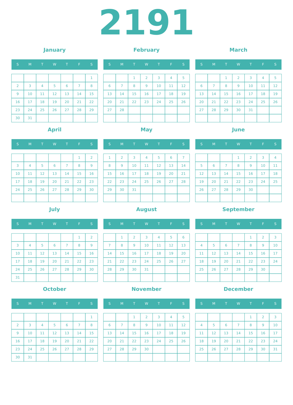 Printable 2191 Year Calendars verdigris