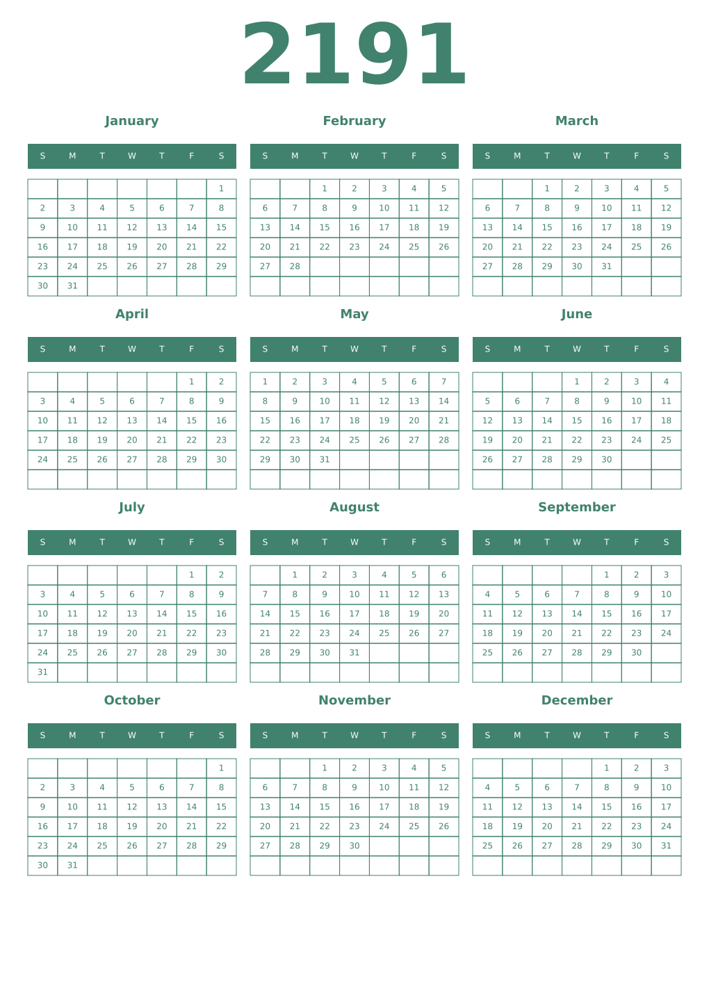 Printable 2191 Year Calendars viridian