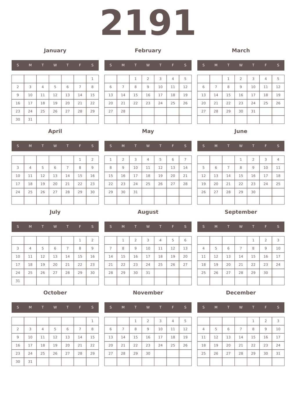 Printable 2191 Year Calendars wenge
