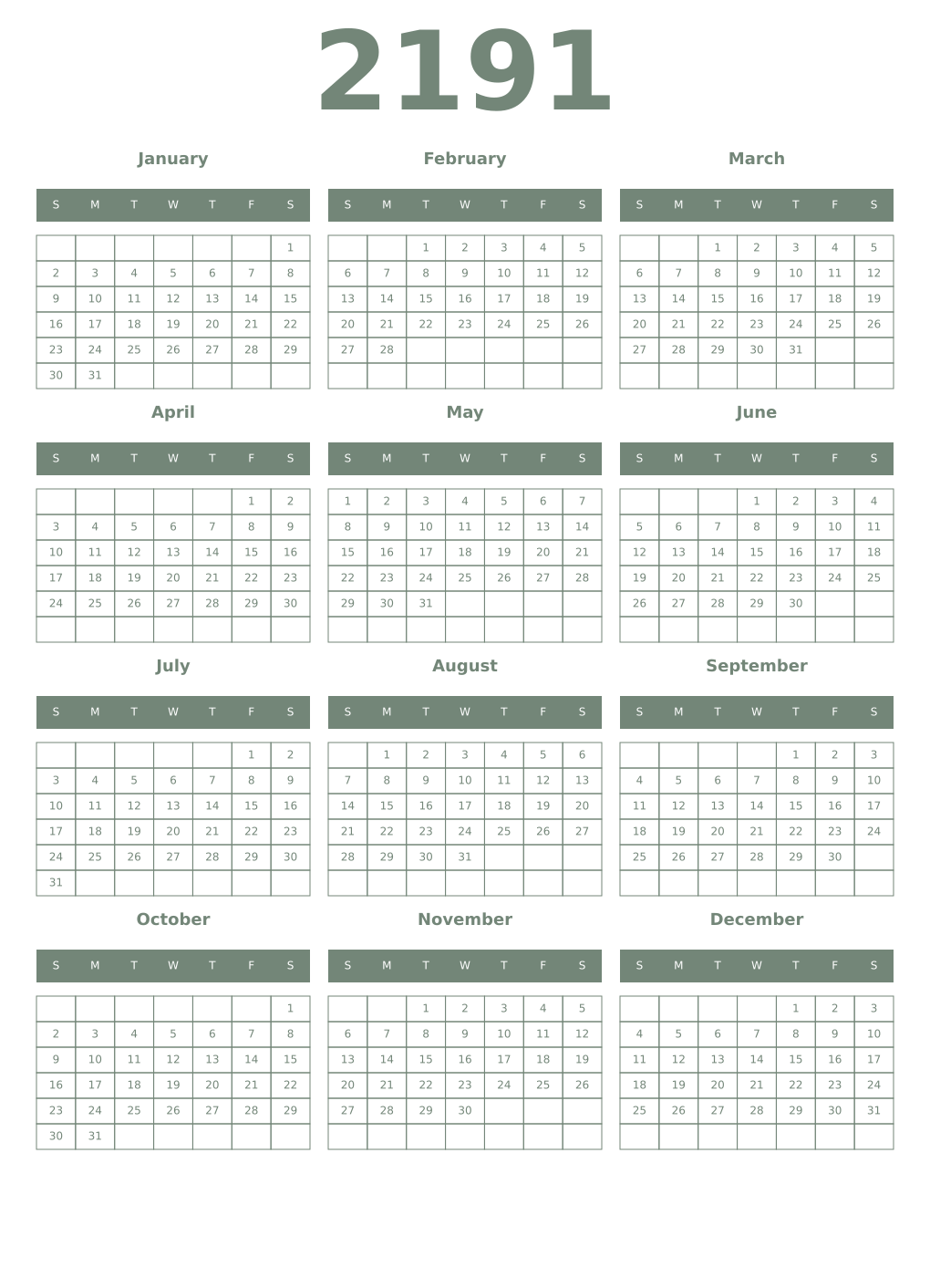 Printable 2191 Year Calendars xanadu
