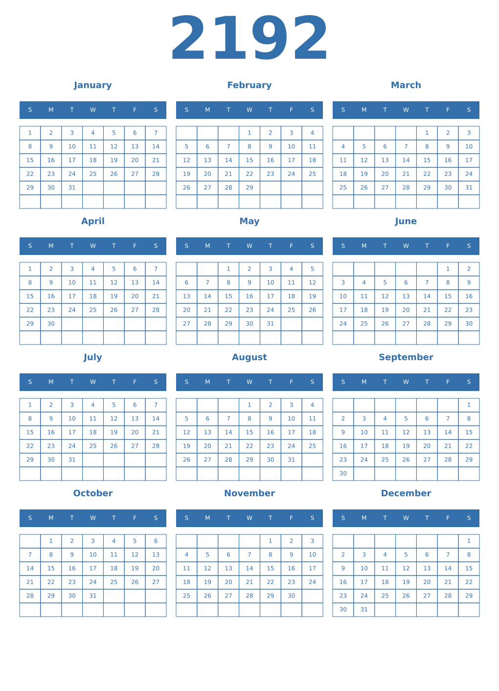 Printable 2192 Year Calendars blue