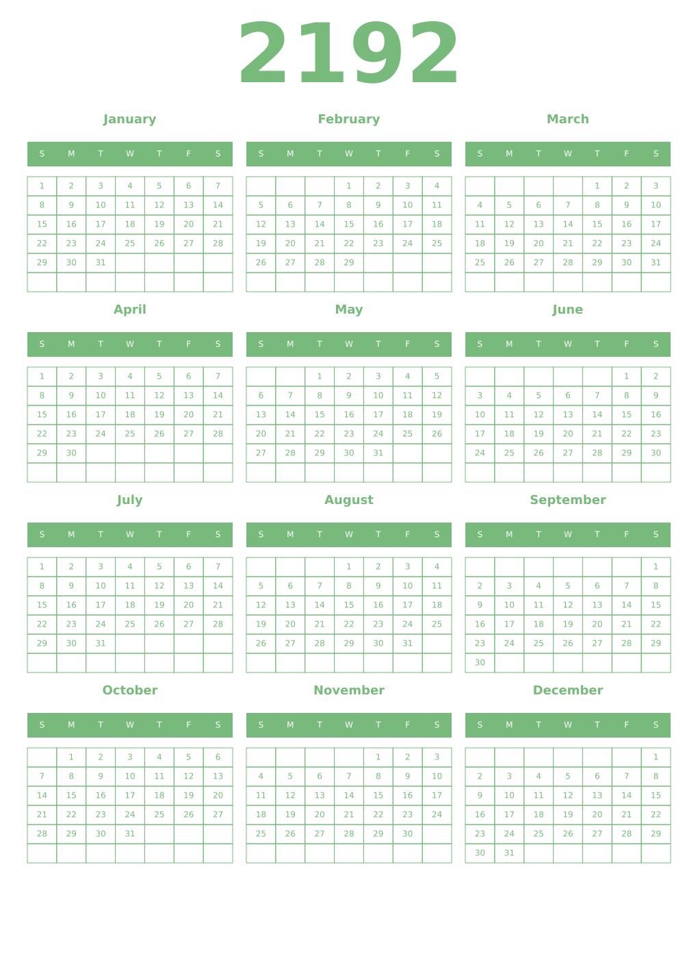 Printable 2192 Year Calendars celadon