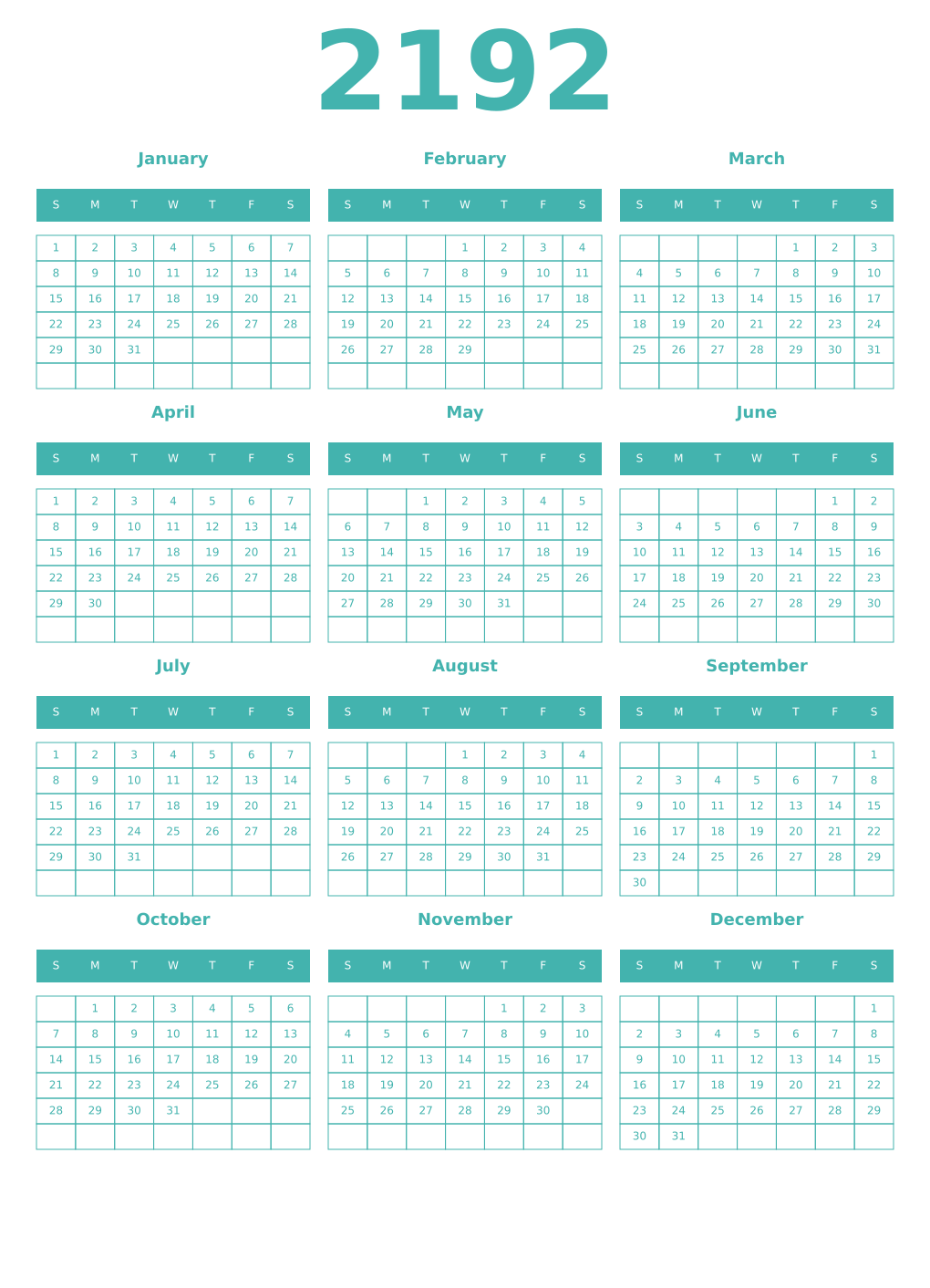 Printable 2192 Year Calendars verdigris