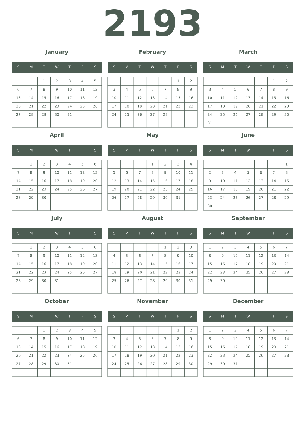 Printable 2193 Year Calendars feldgrau