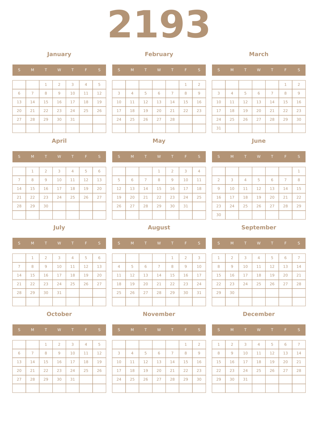 Printable 2193 Year Calendars isabelline
