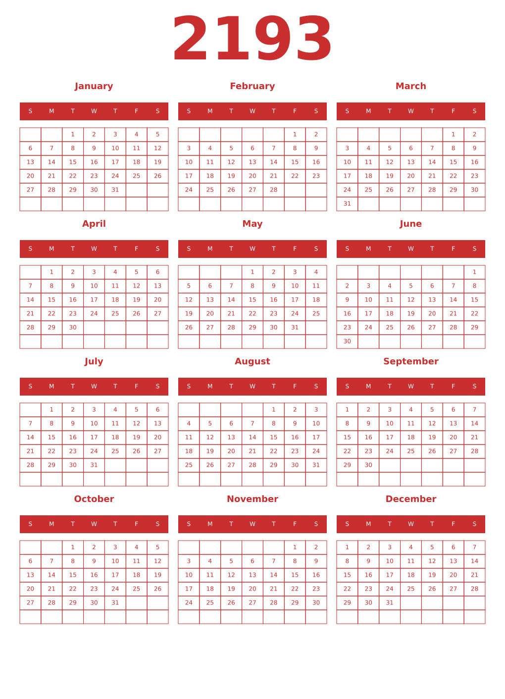 Printable 2193 Year Calendars red