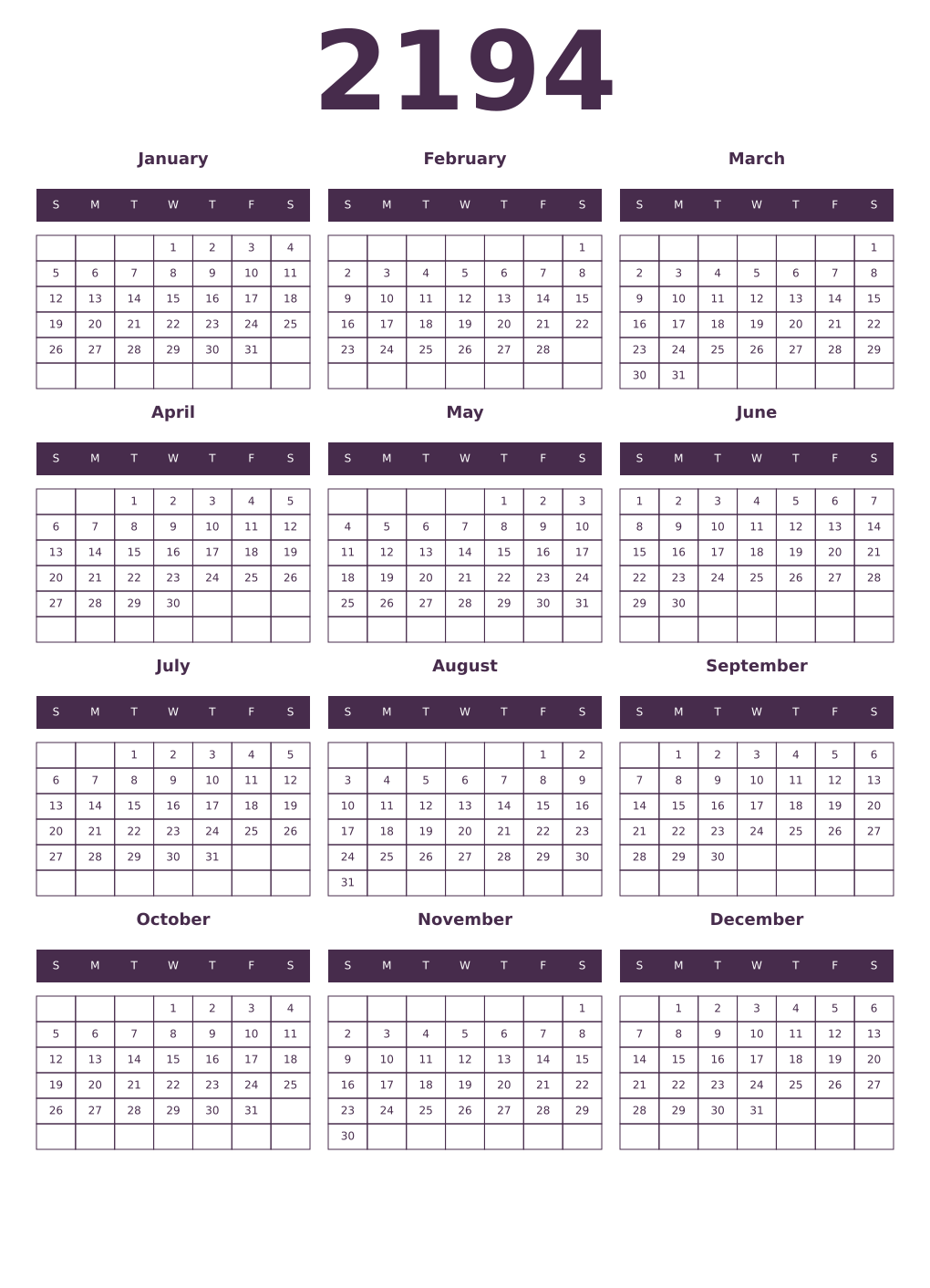 Printable 2194 Year Calendars aubergine