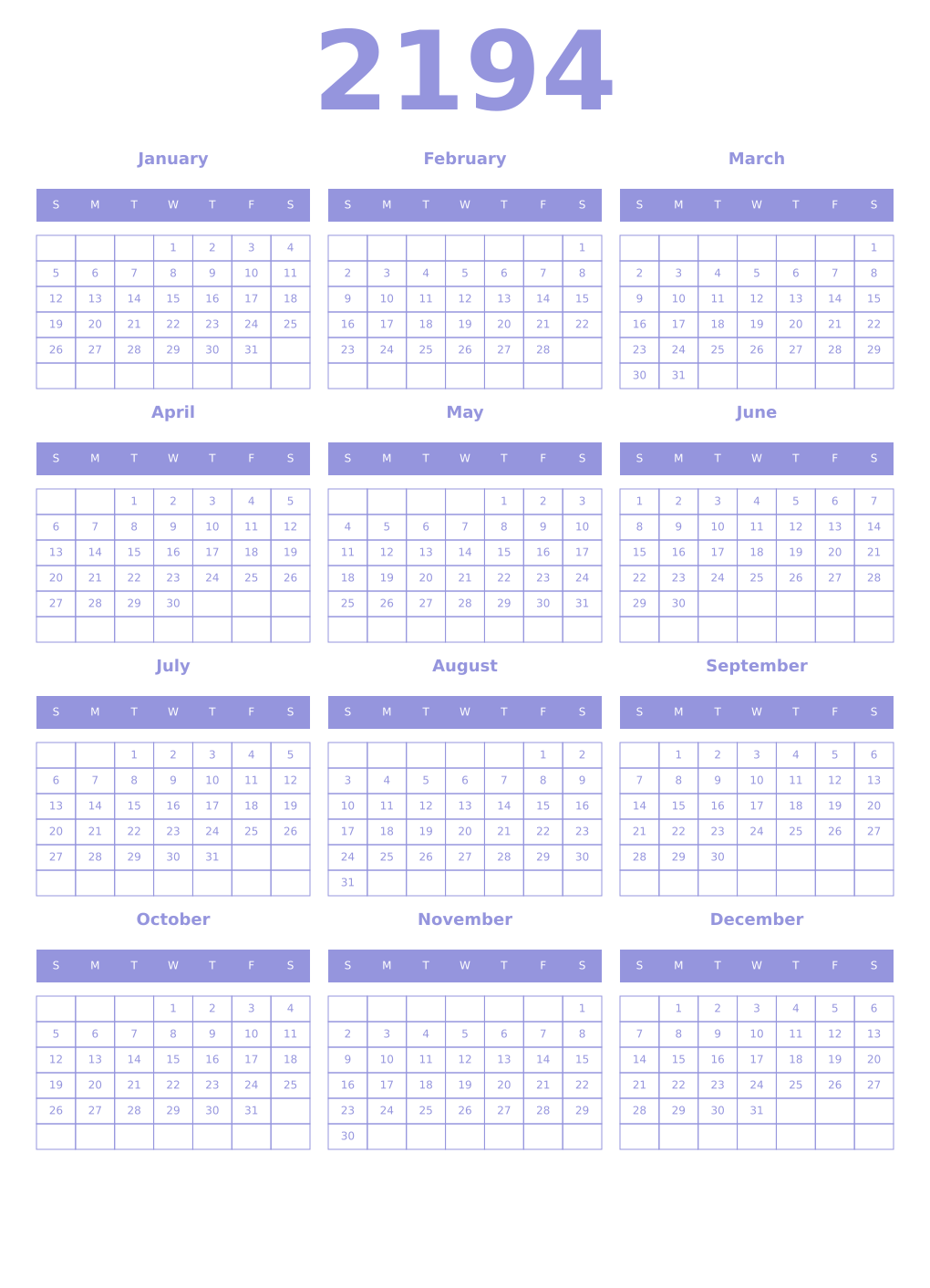 Printable 2194 Year Calendars periwinkle