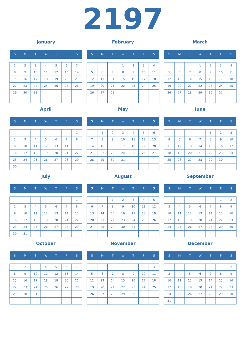 Printable 2197 Year Calendars blue