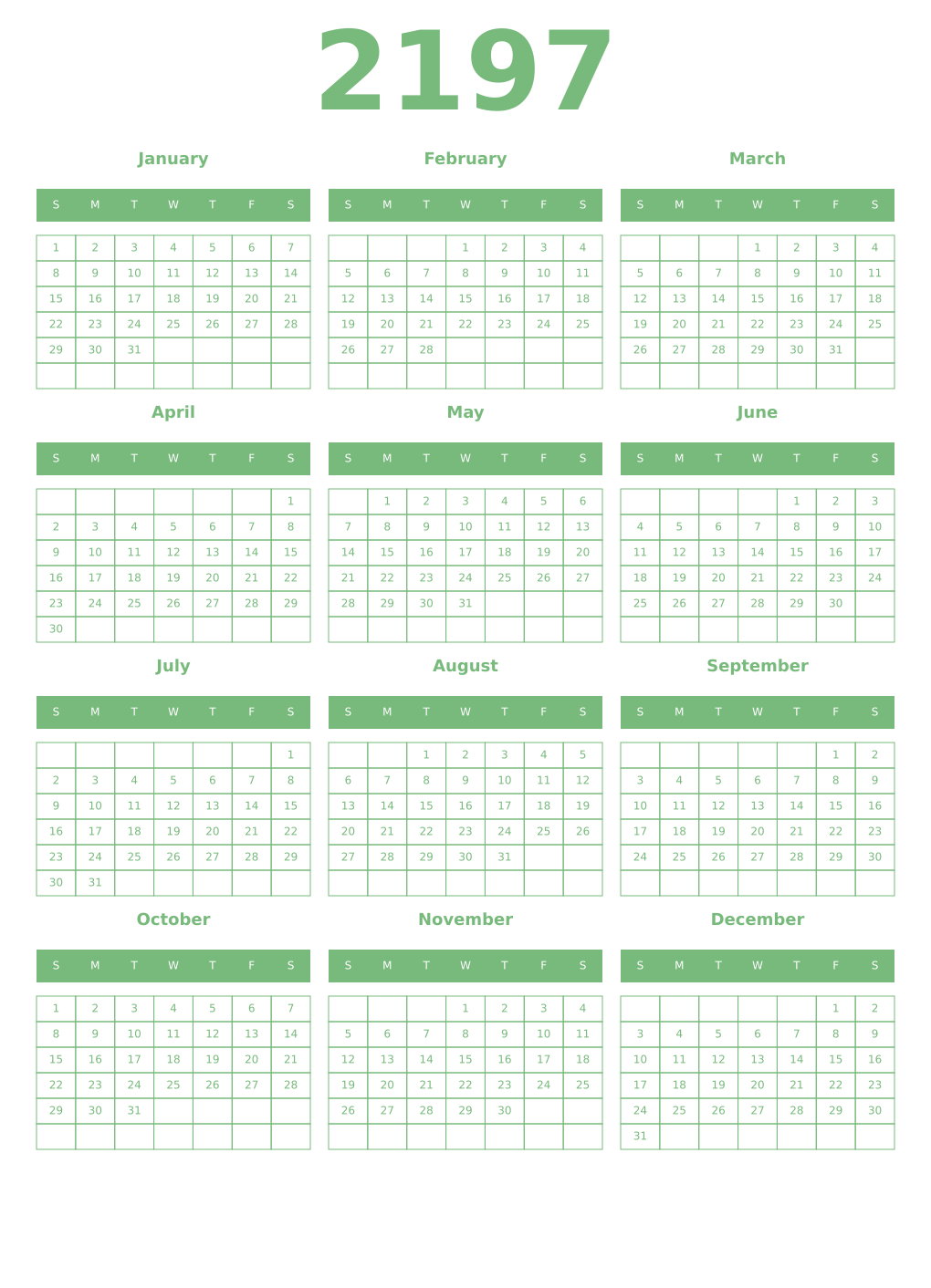Printable 2197 Year Calendars celadon