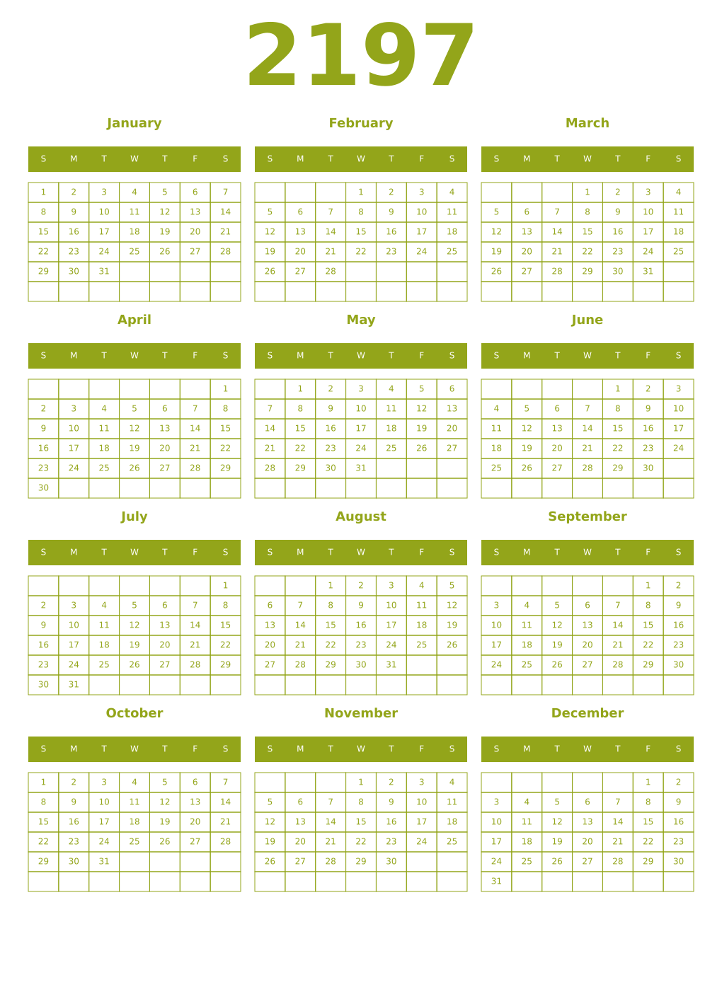 Printable 2197 Year Calendars chartreuse