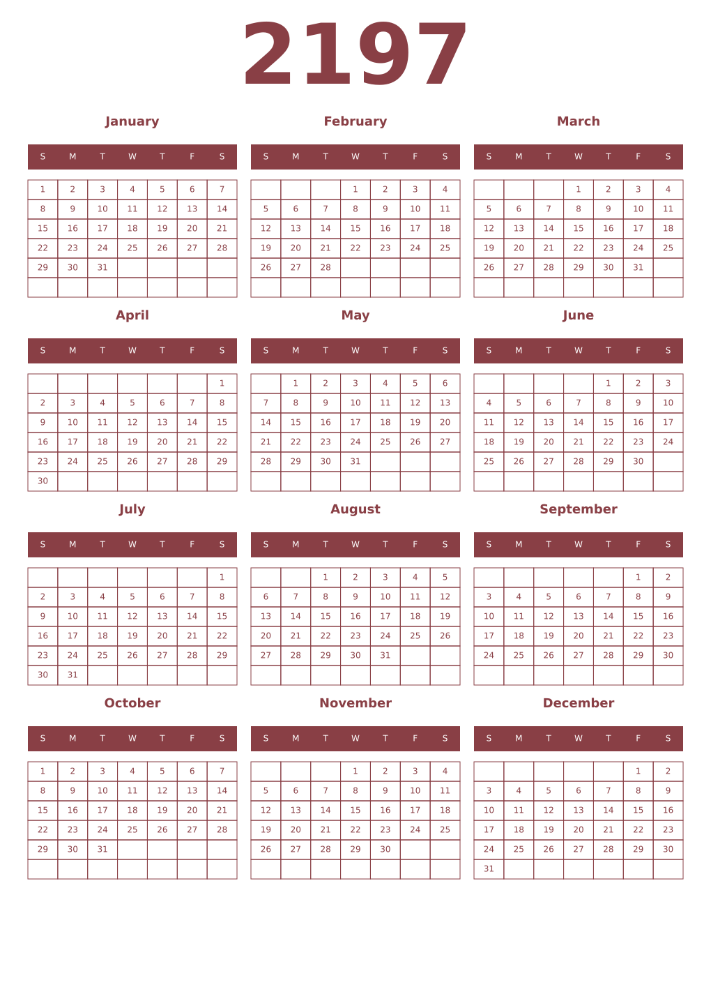 Printable 2197 Year Calendars cordovan