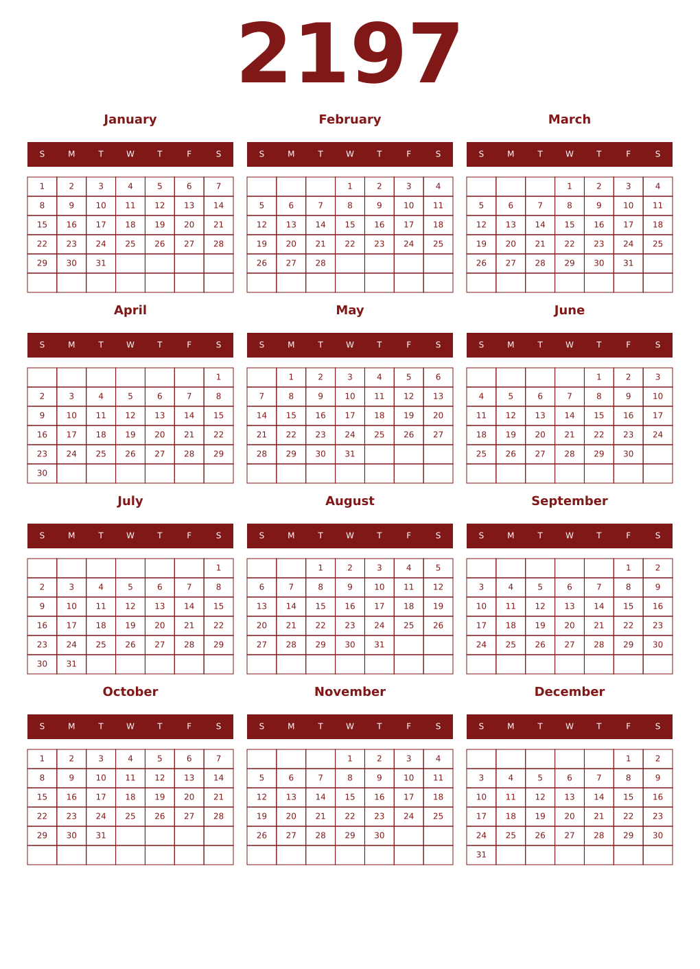Printable 2197 Year Calendars falu