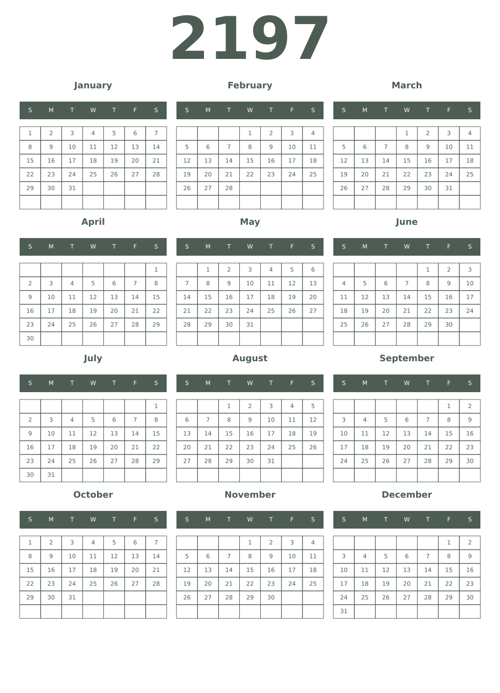 Printable 2197 Year Calendars feldgrau