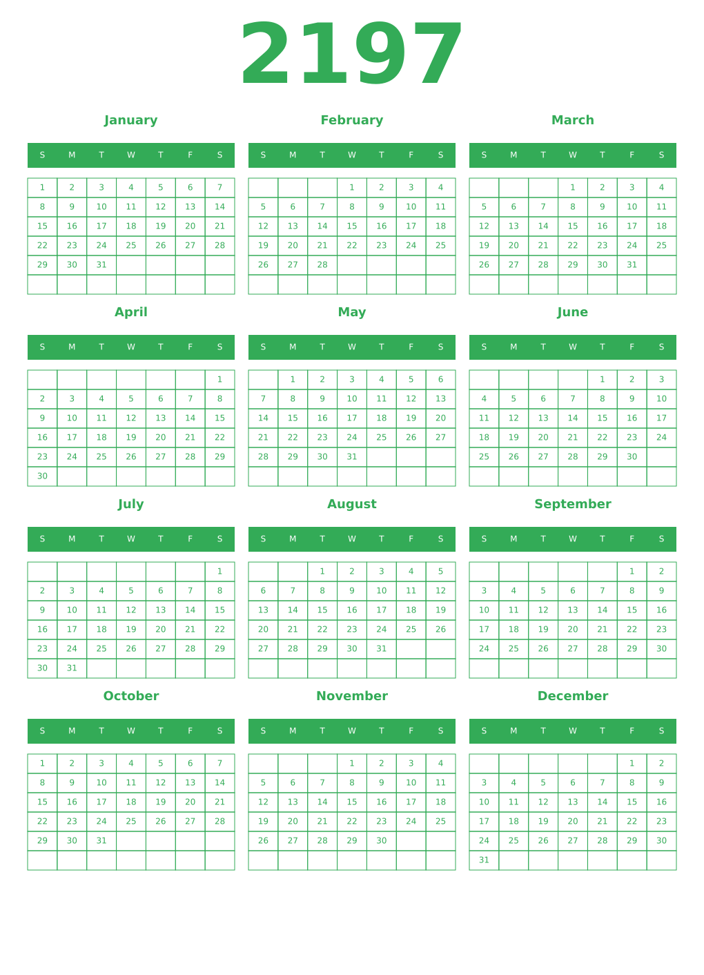 Printable 2197 Year Calendars green