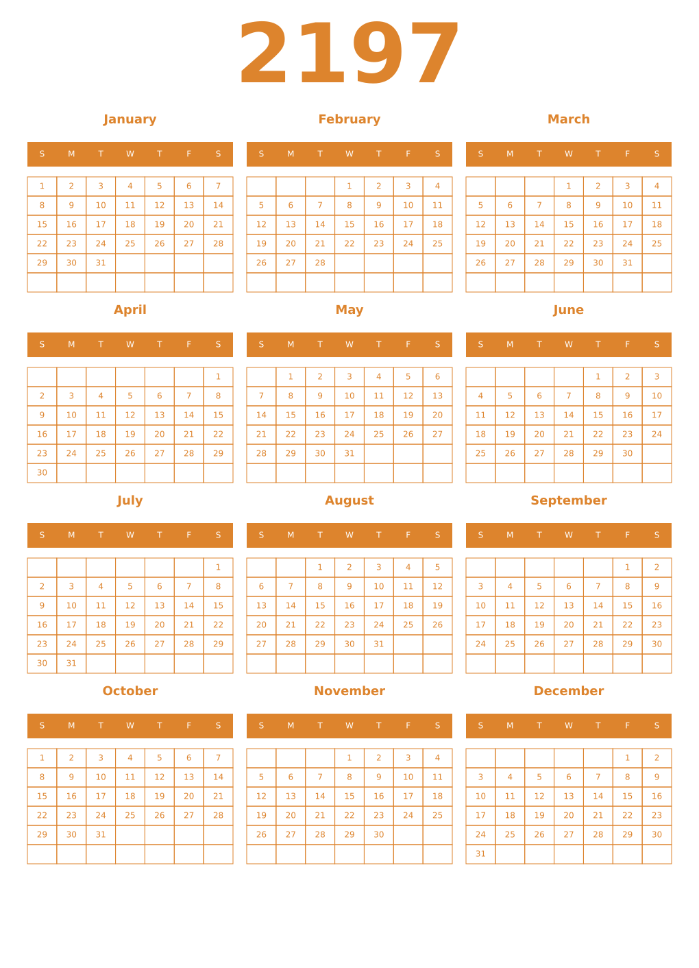Printable 2197 Year Calendars orange