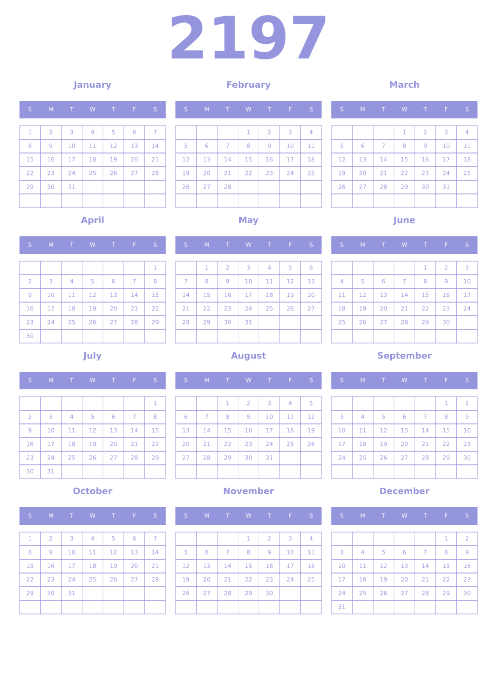 Printable 2197 Year Calendars periwinkle