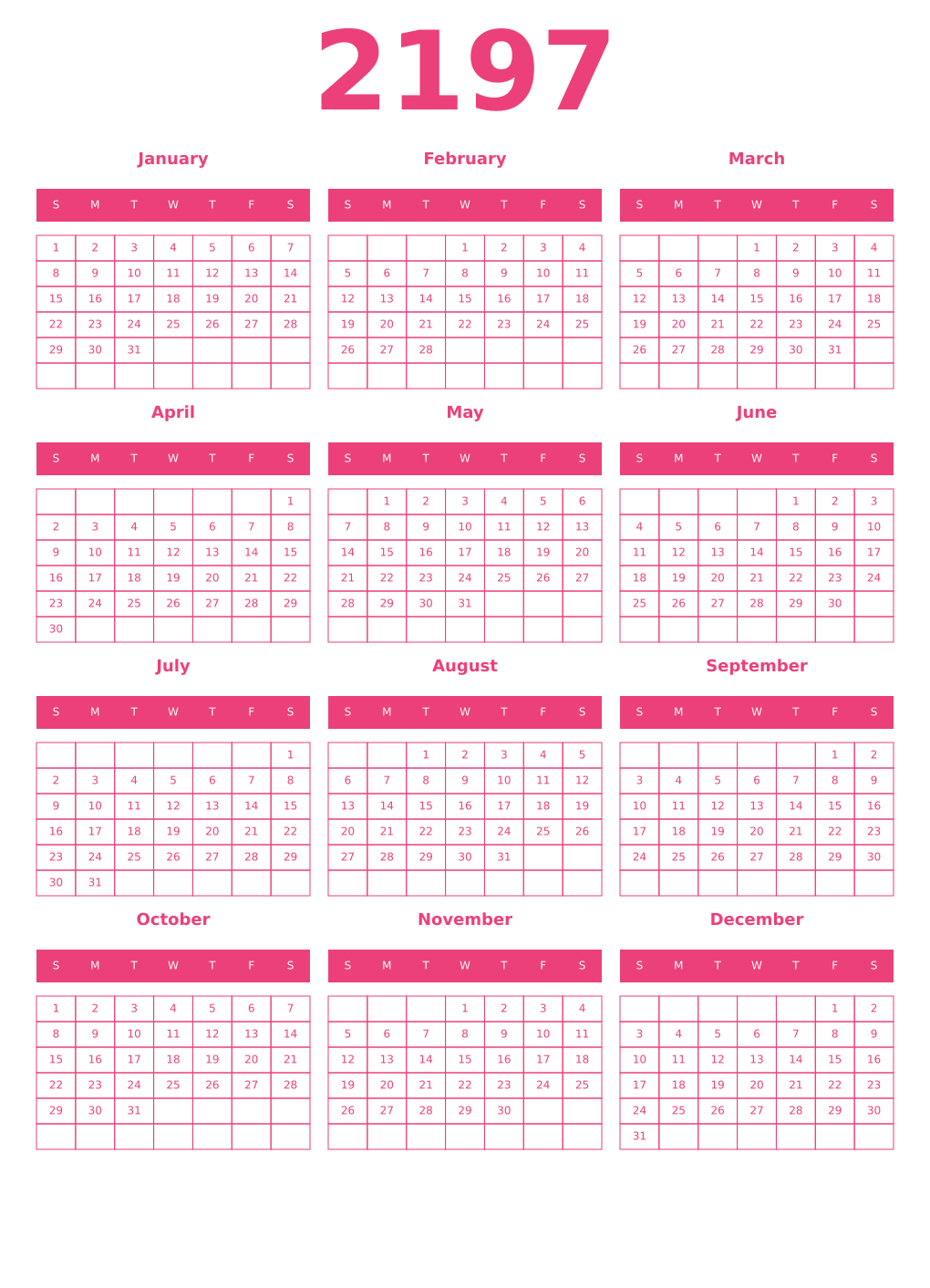 Printable 2197 Year Calendars pink
