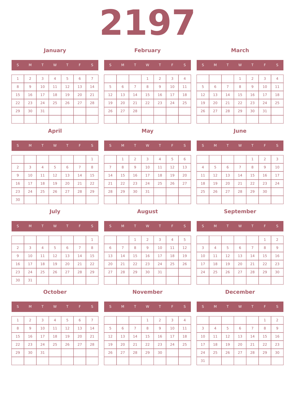 Printable 2197 Year Calendars puce