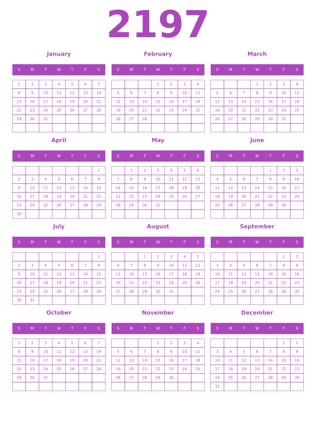 Printable 2197 Year Calendars purple