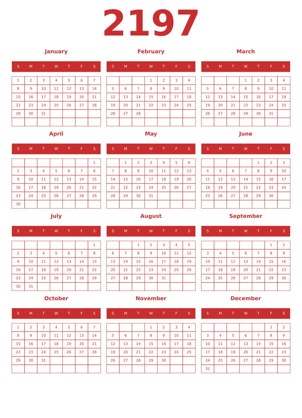 Printable 2197 Year Calendars red