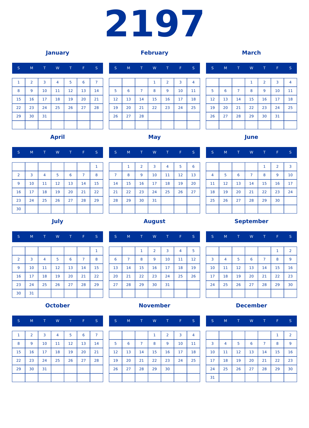 Printable 2197 Year Calendars smalt
