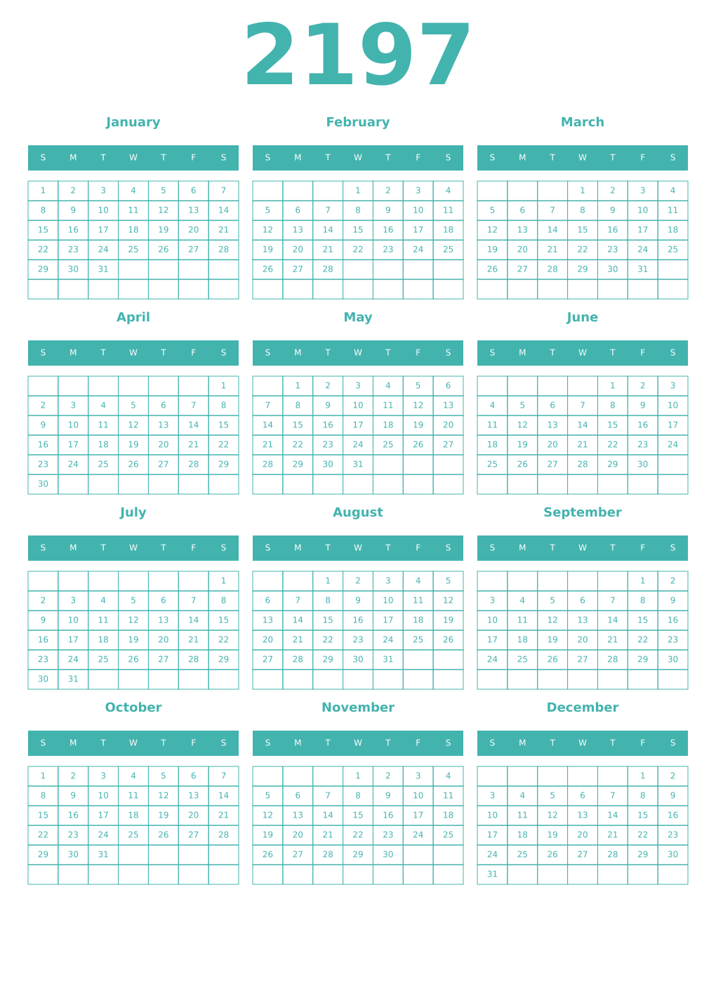Printable 2197 Year Calendars verdigris