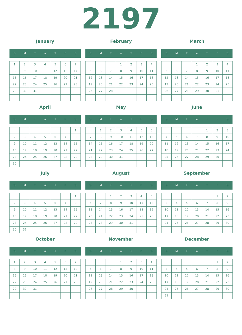Printable 2197 Year Calendars viridian