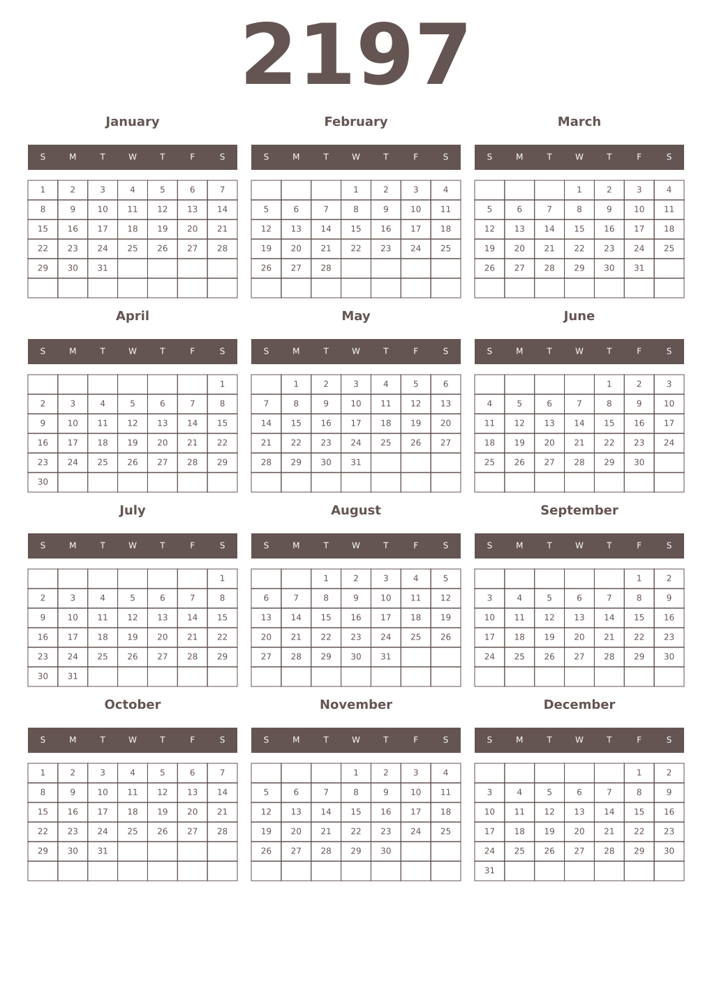 Printable 2197 Year Calendars wenge
