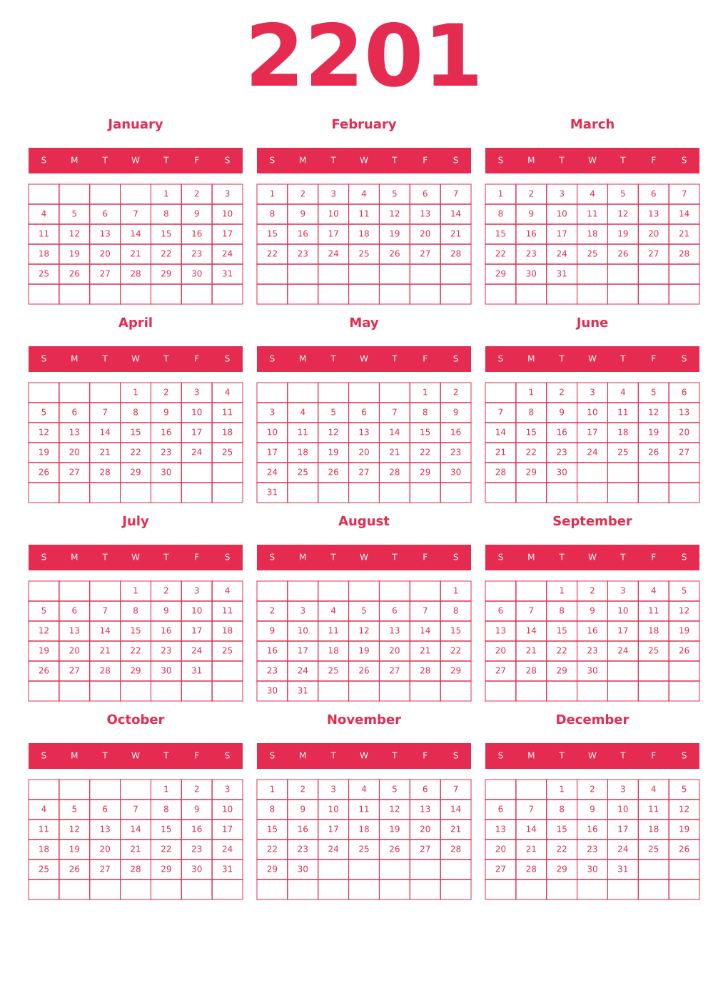 Printable 2201 Year Calendars amaranth