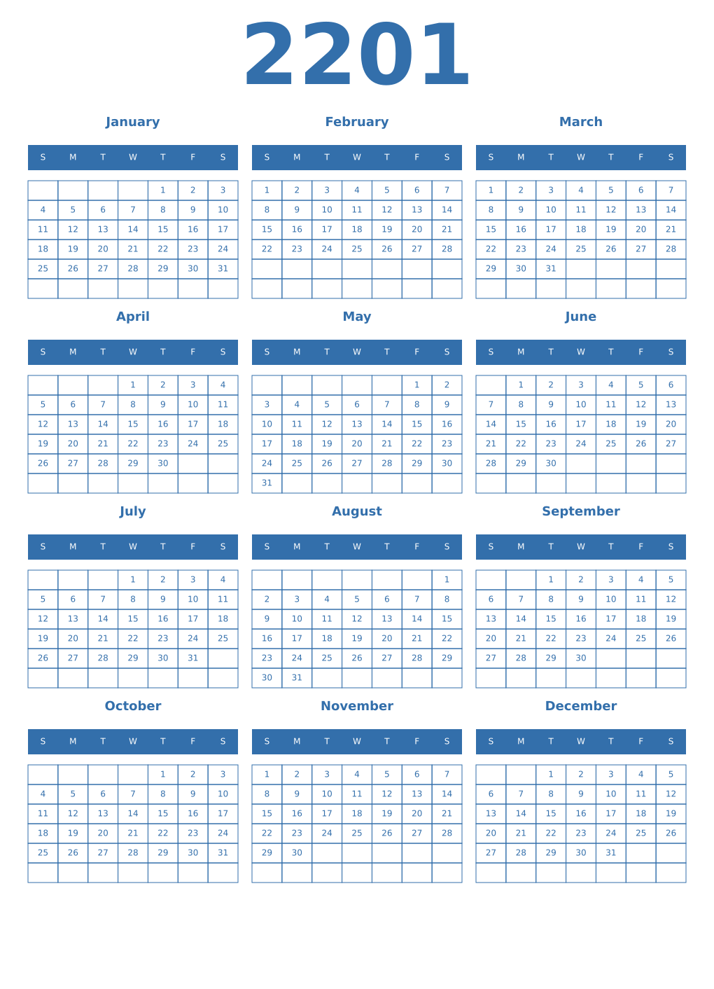 Printable 2201 Year Calendars blue