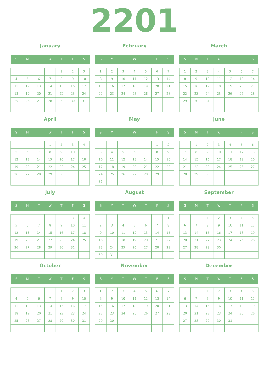Printable 2201 Year Calendars celadon