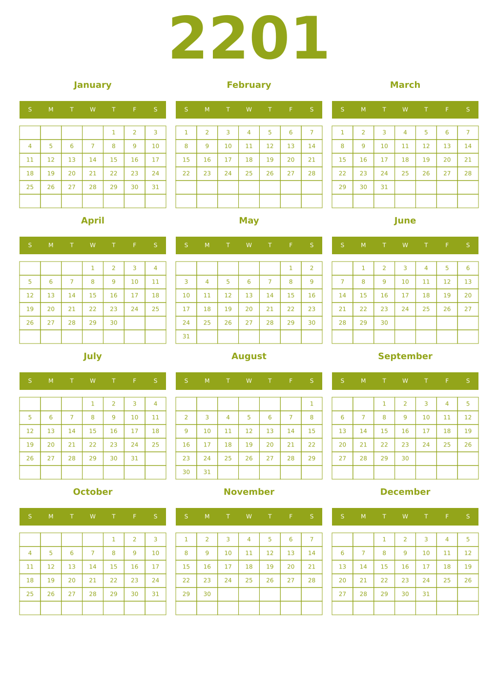 Printable 2201 Year Calendars chartreuse