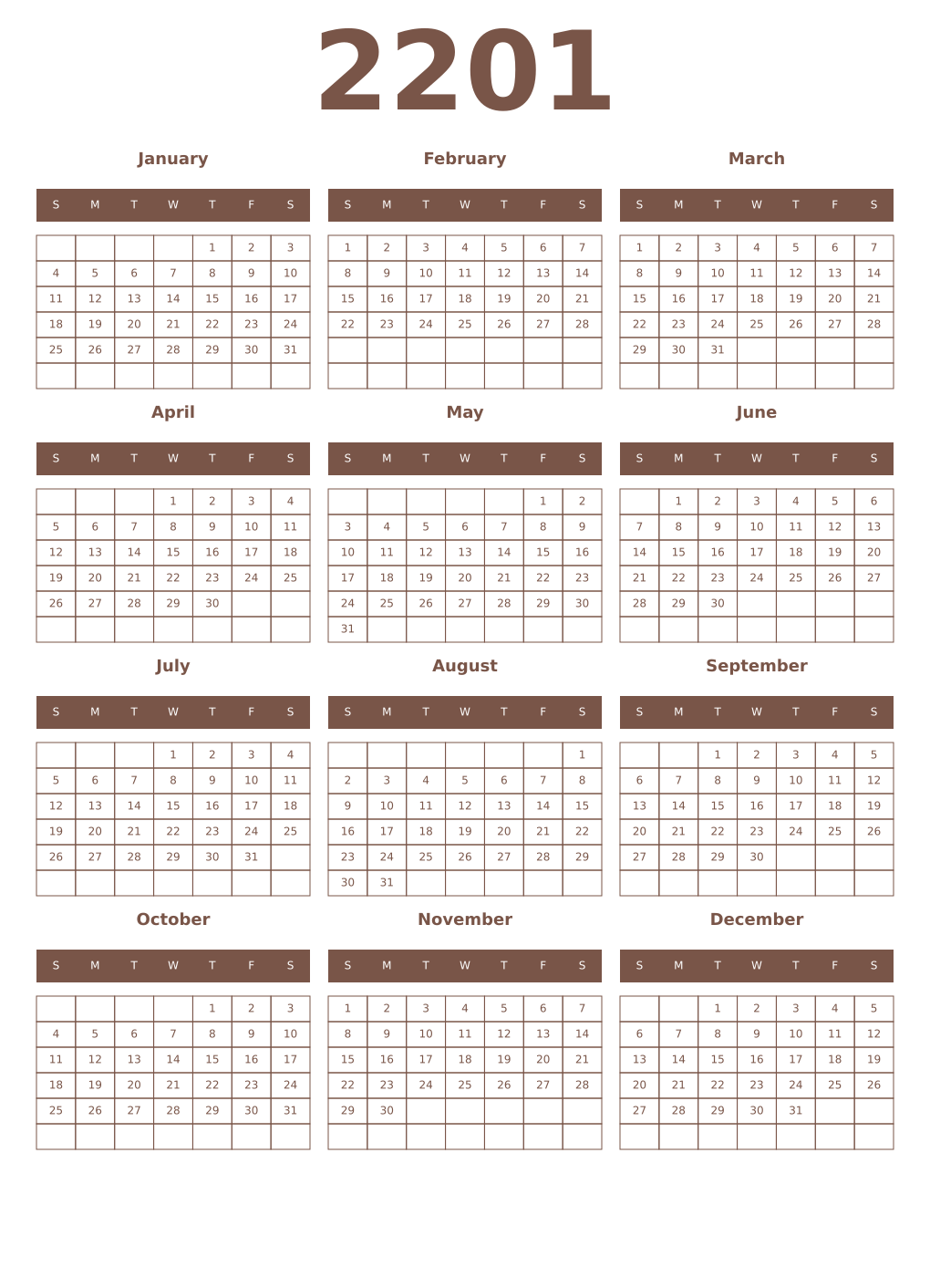 Printable 2201 Year Calendars coffe