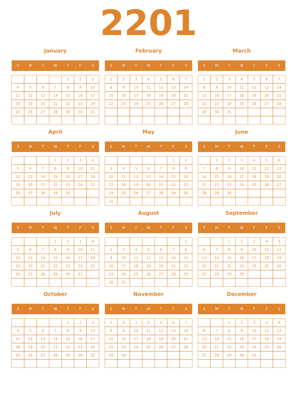 Printable 2201 Year Calendars orange