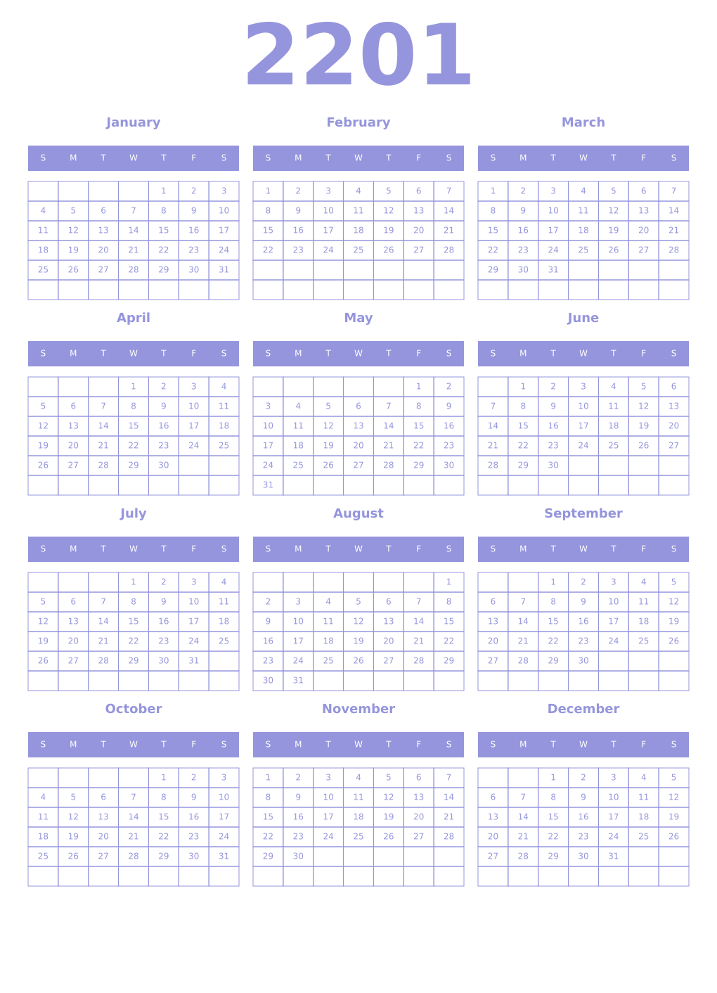 Printable 2201 Year Calendars periwinkle