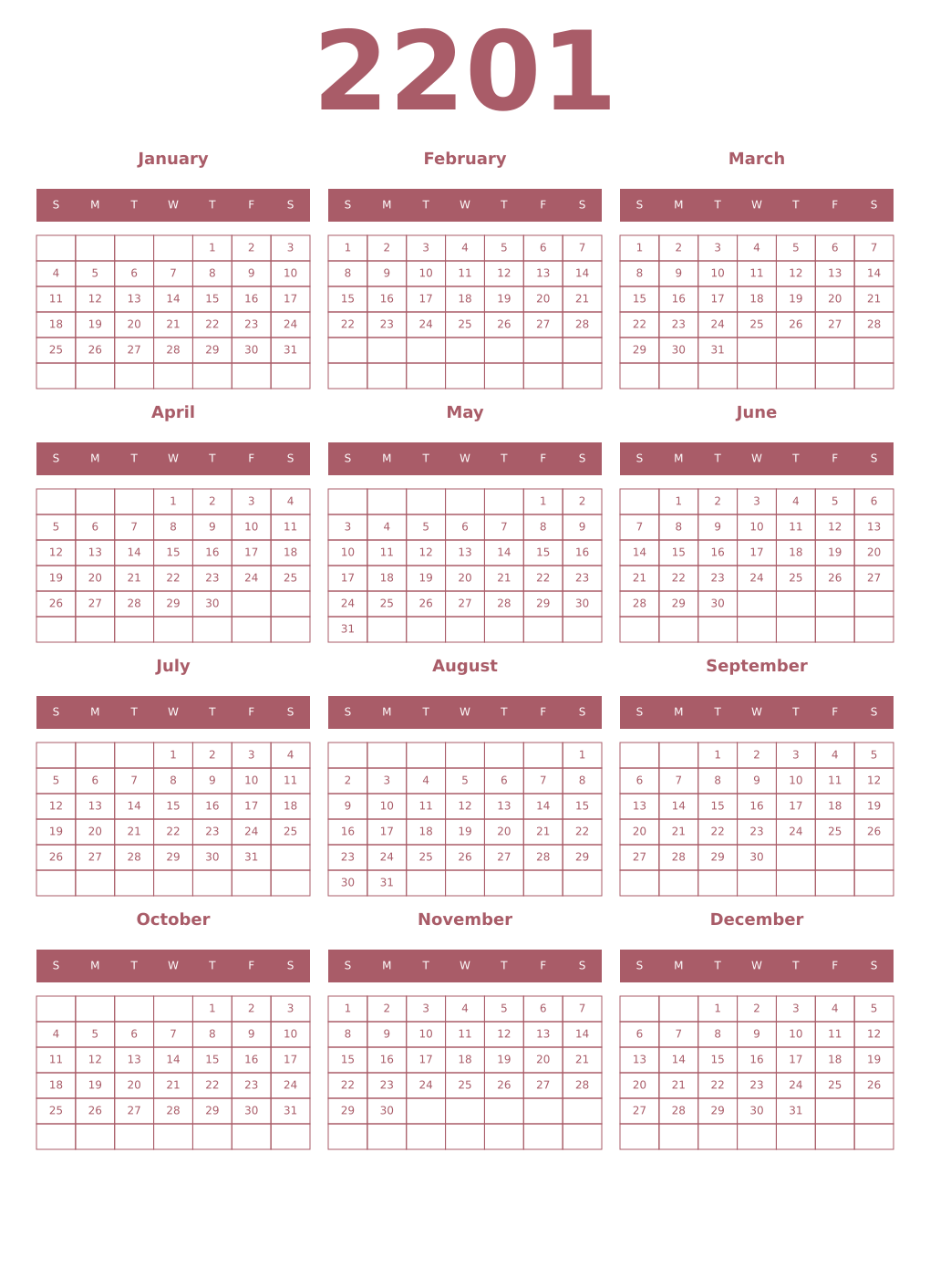 Printable 2201 Year Calendars puce