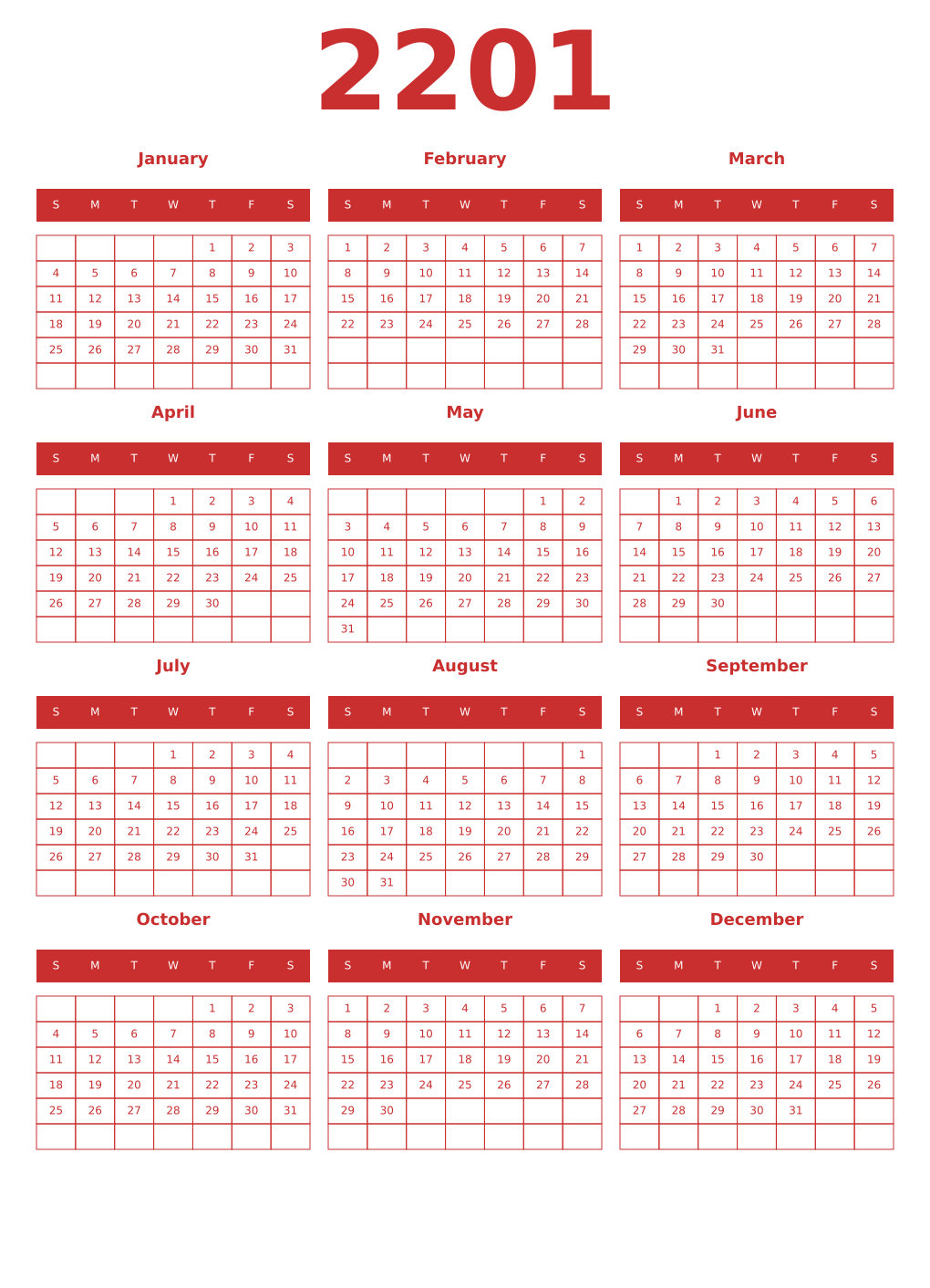 Printable 2201 Year Calendars red