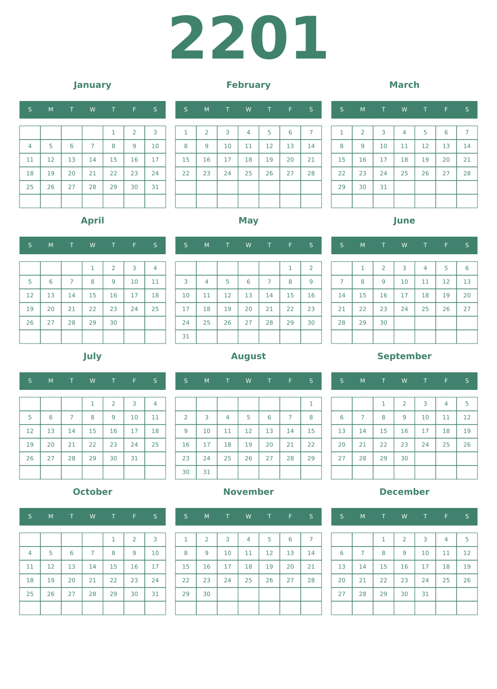 Printable 2201 Year Calendars viridian
