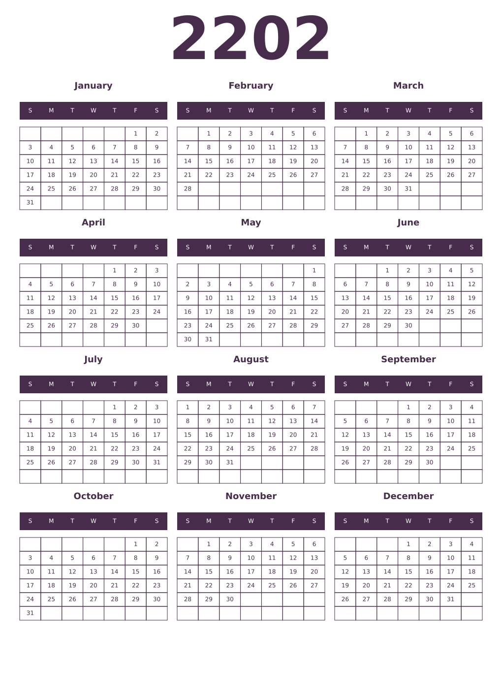 Printable 2202 Year Calendars aubergine