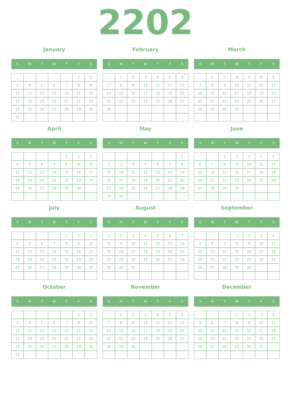 Printable 2202 Year Calendars celadon