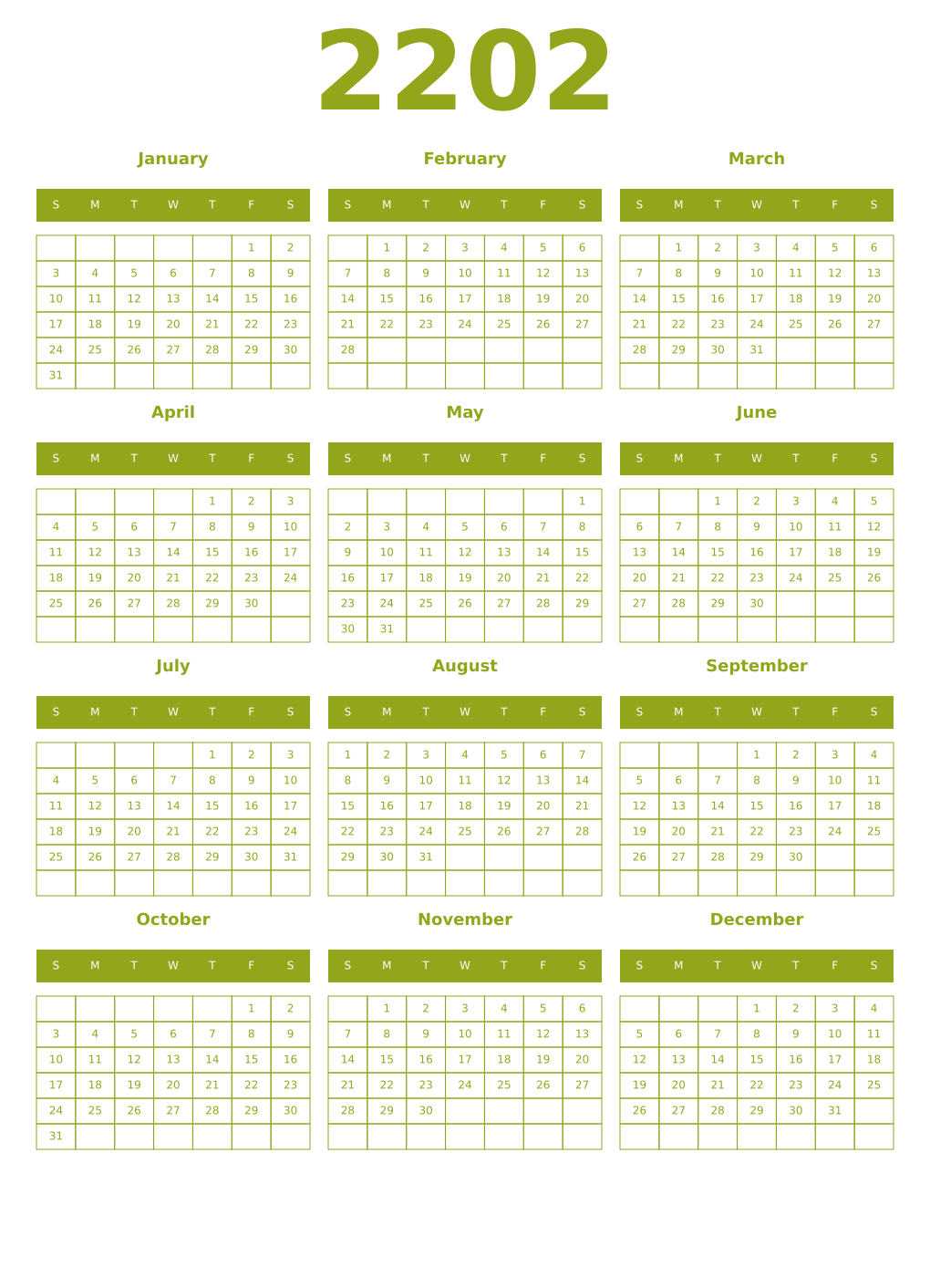 Printable 2202 Year Calendars chartreuse