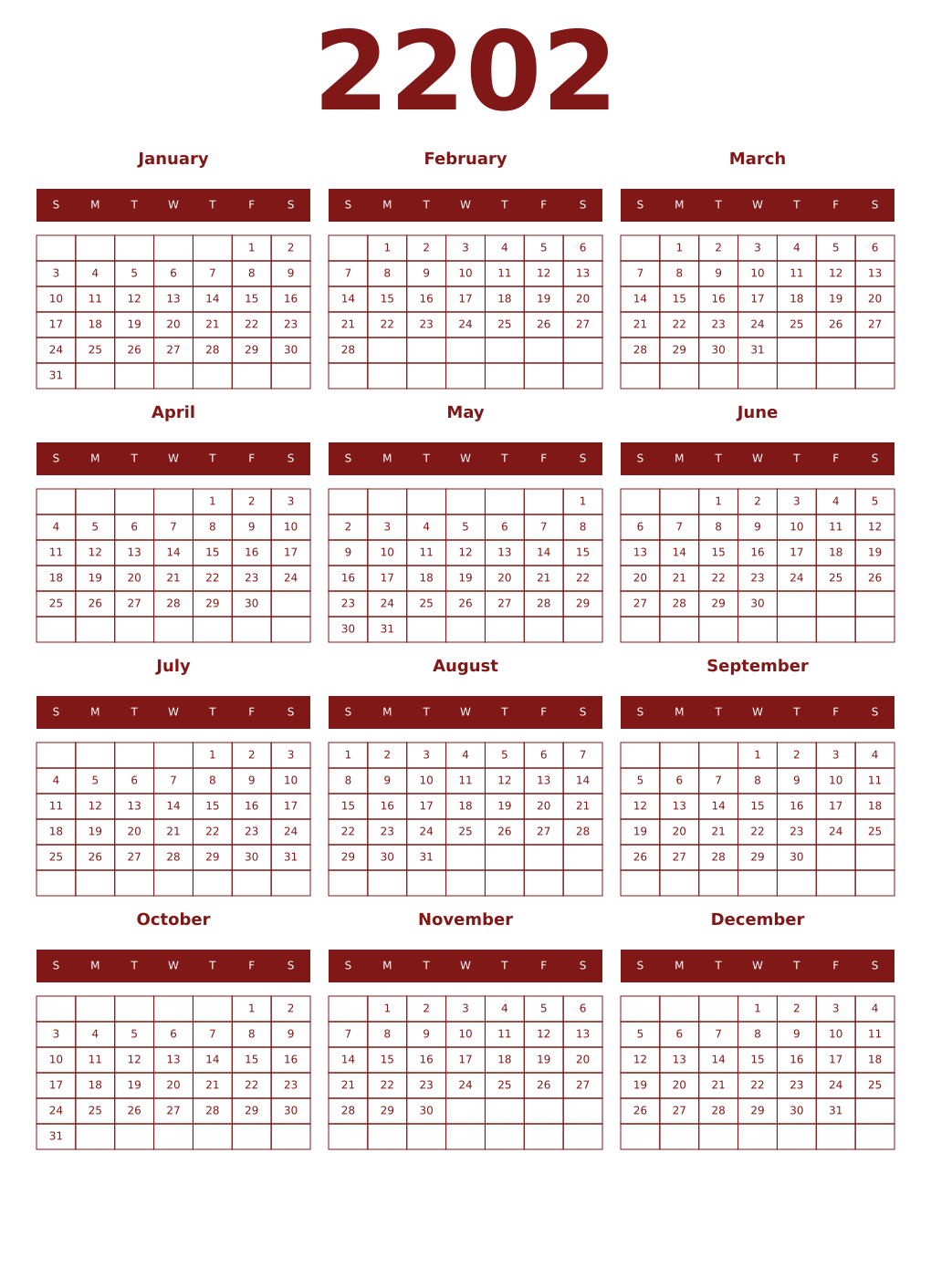 Printable 2202 Year Calendars falu
