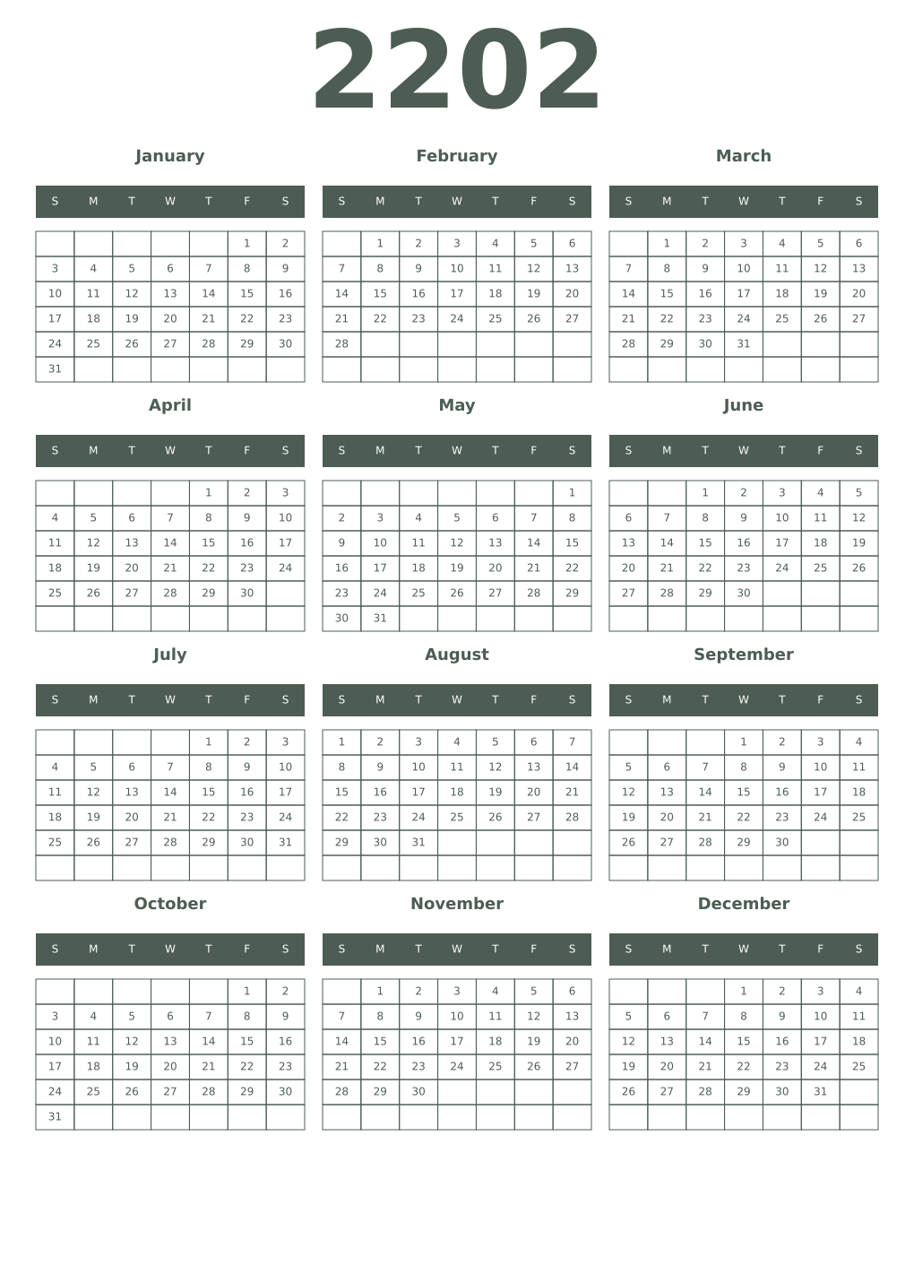 Printable 2202 Year Calendars feldgrau
